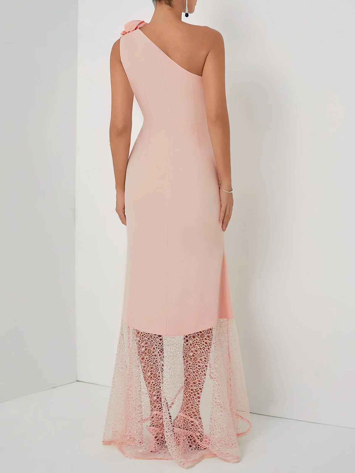 Pink 3D Floral Lace Classic One Shoulder Sleeveless Mermaid Gown Dress