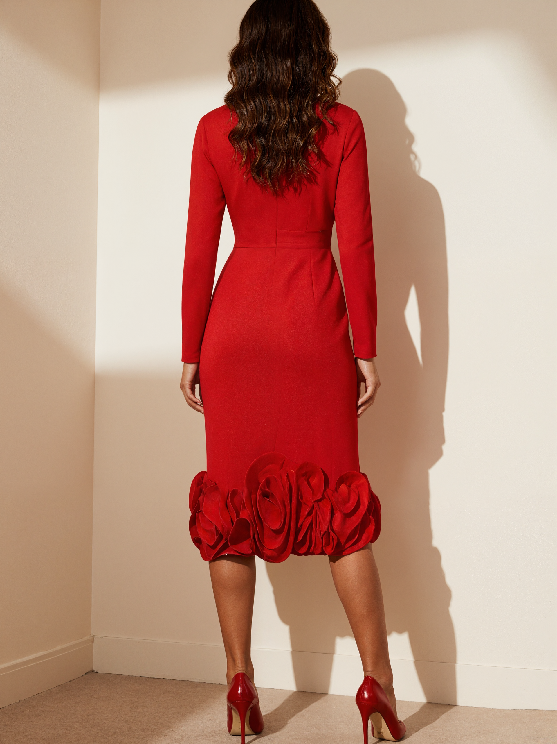 Red 3D Floral V Neck Long Sleeve Sheath Midi Dress
