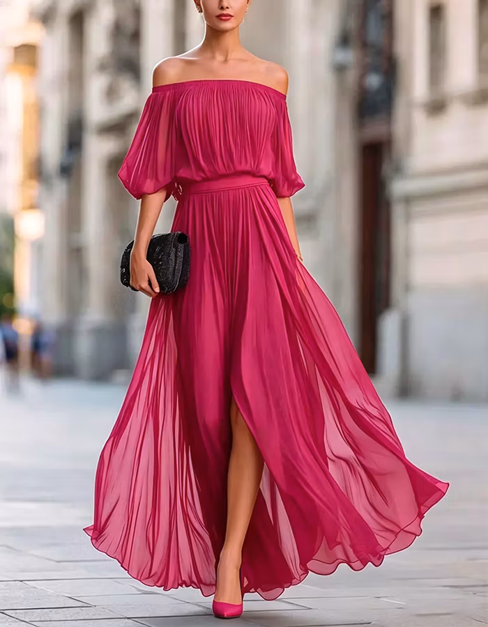 Black Off Shoulder Chiffon Slit Maxi Dress
