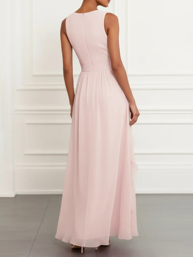 Pink Ruffled Chiffon V Neck Sleeveless A-Line Maxi Dress