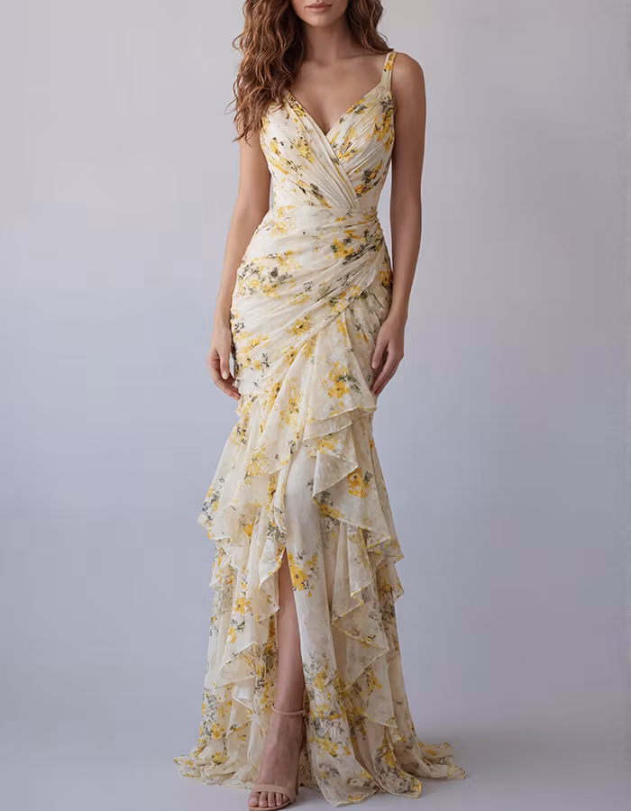 Yellow Floral V-Neck Chiffon Tiered Mermaid Maxi Dress
