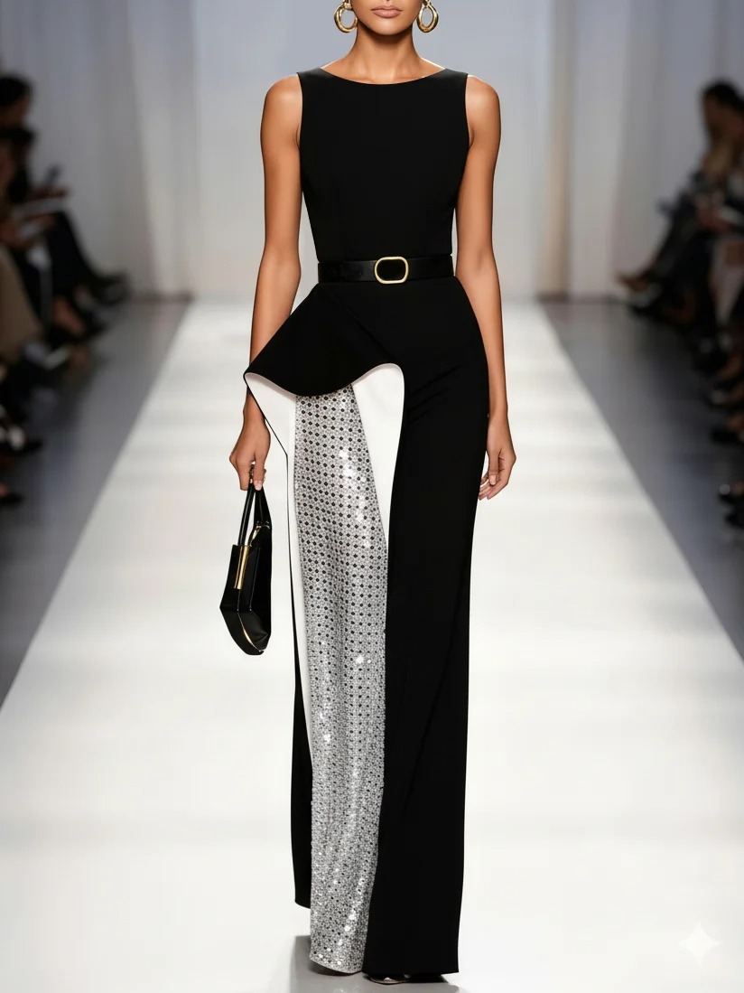 Black Stamped Silver Split Joint Classic Crew Neck Sleeveless Sheath Maxi Dress