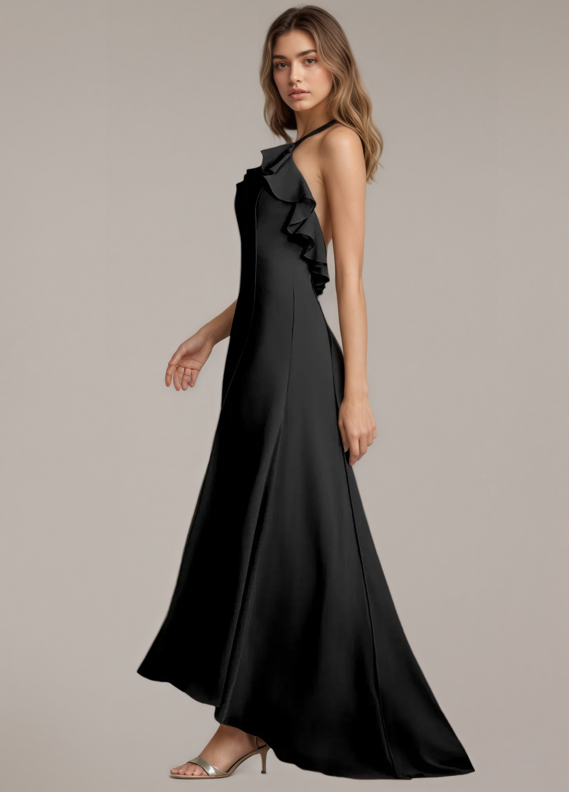 Black Halter Ruffle Asymmetrical Gown