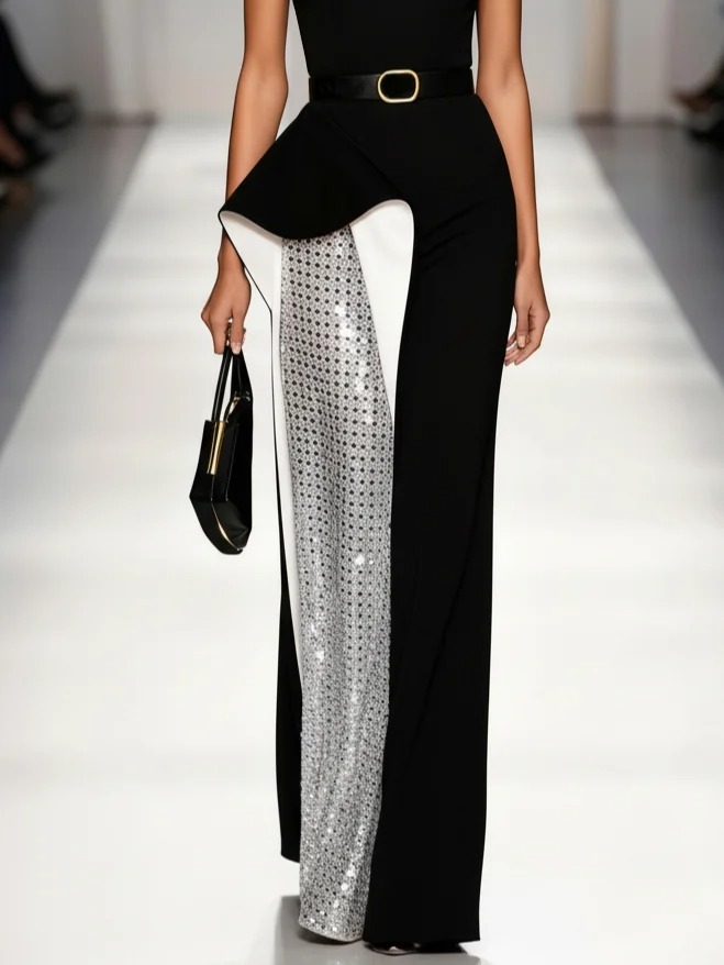 Black Stamped Silver Split Joint Classic Crew Neck Sleeveless Sheath Maxi Dress