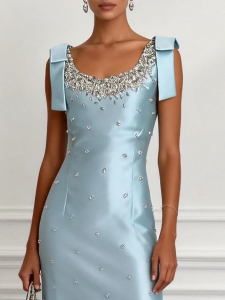 Light Blue Beaded Bow Satin Crew Neck Sleeveless Bodycon Midi Dress