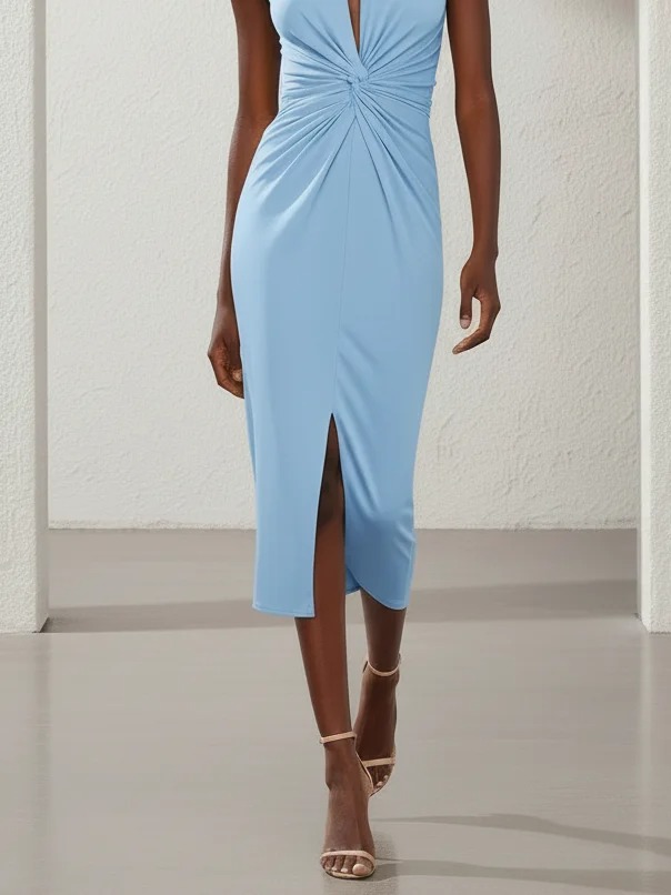 Blue Ruched Knit Halter Sleeveless Bodycon Midi Dress