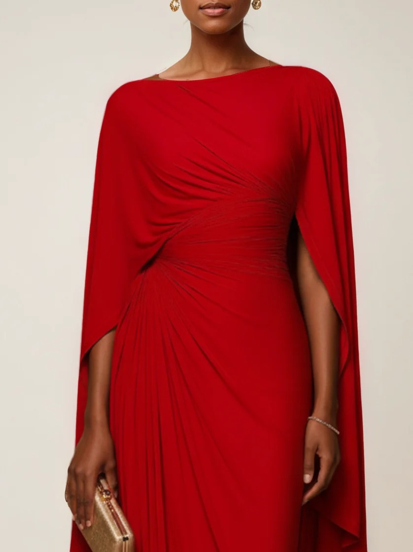 Red Ruched Knit Crew Neck Half Cape Sleeve Shift Maxi Dress