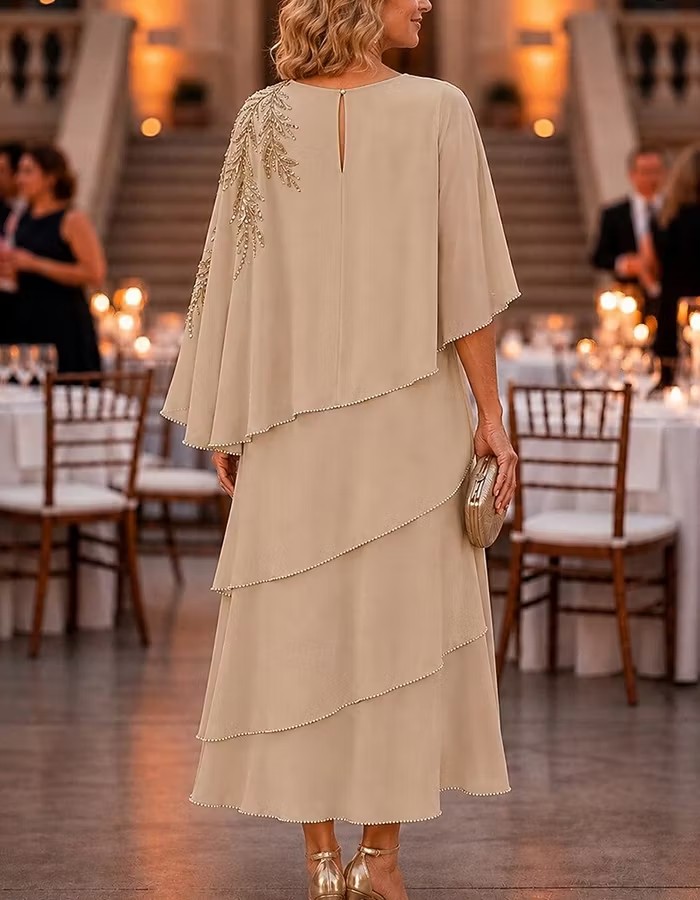 Beaded Chiffon Overlay Layered Midi Dress