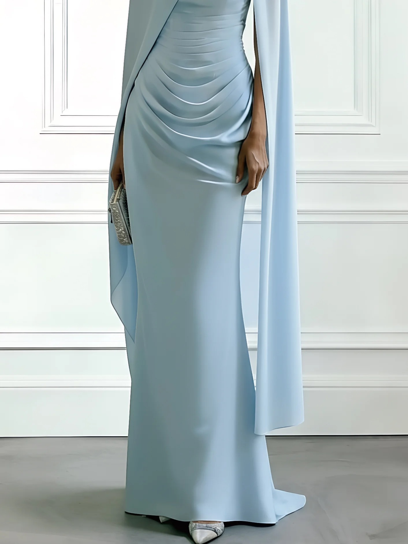 Light Blue 3D Floral Satin Boat Neck Cap Sleeve Sheath Gown Dress