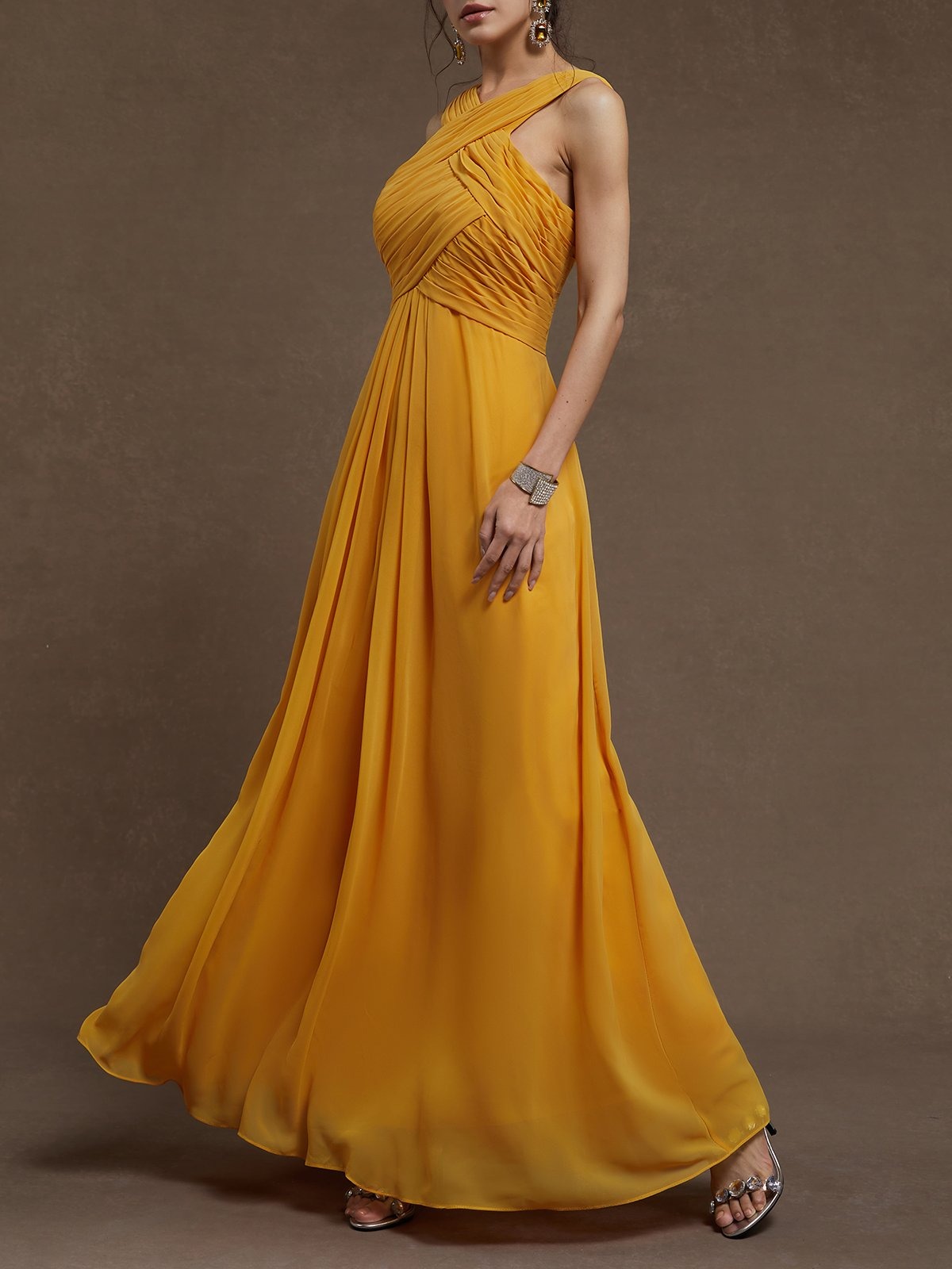 Yellow Pleated Cross Neck Sleeveless A-Line Maxi Chiffon Bridesmaid Dress