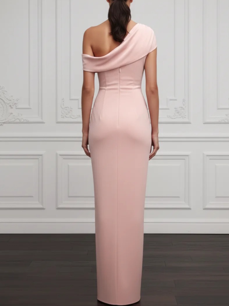 Pink Ruched Knit Off The Shoulder Short Sleeve Bodycon Maxi Dress