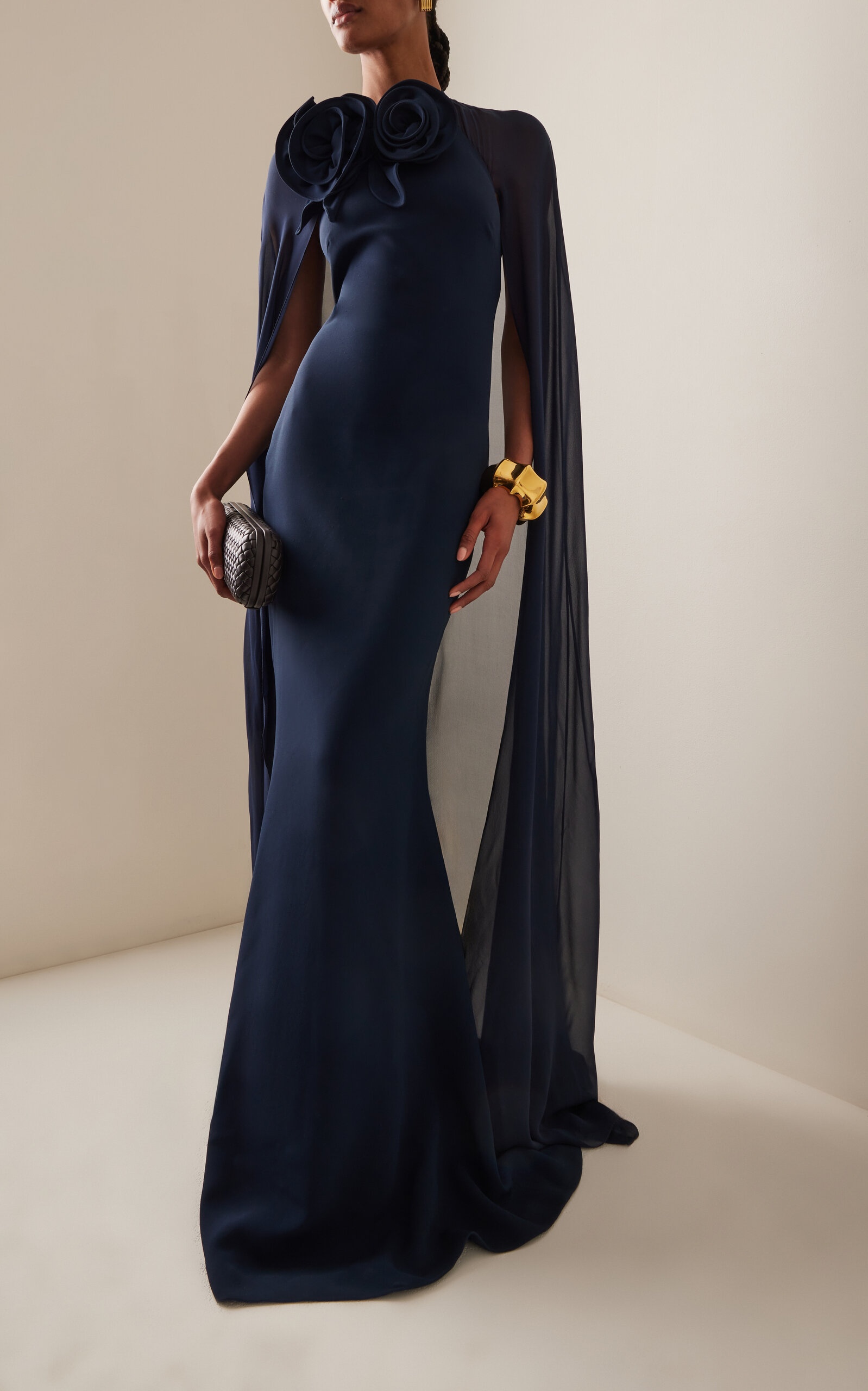 Cape-Detailed Cady Maxi Dress navy