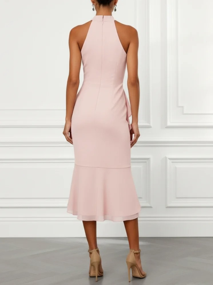 Pink Ruffled Chiffon Halter Sleeveless A-Line Midi Dress