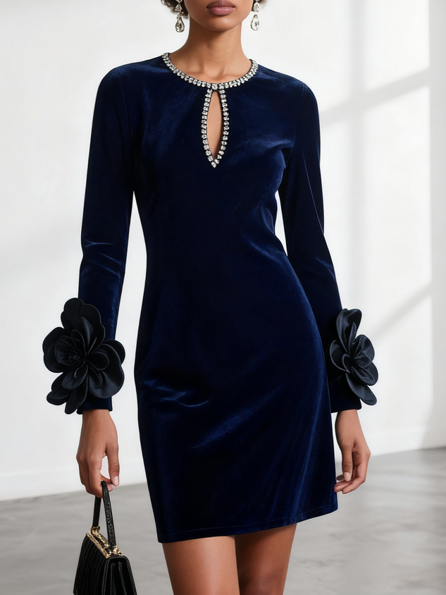 Black 3D Floral Rhinestone Velvet Crew Neck Long Sleeve Sheath Mini Dress