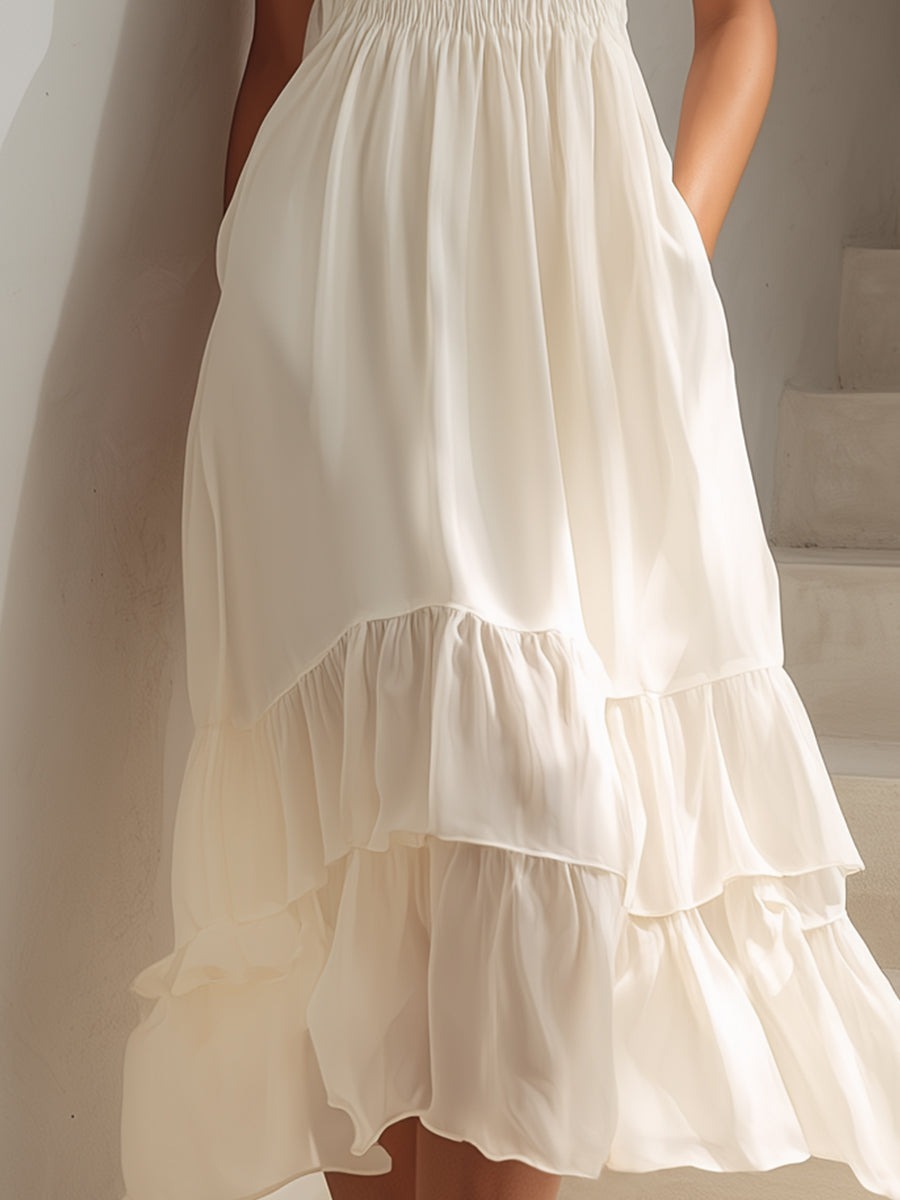 Ivory Halter Neck Tiered Midi Dress