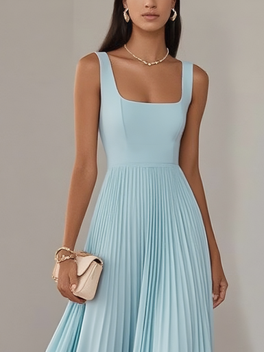 Light Blue Pleated Square Neck Sleeveless A-Line Maxi Dress