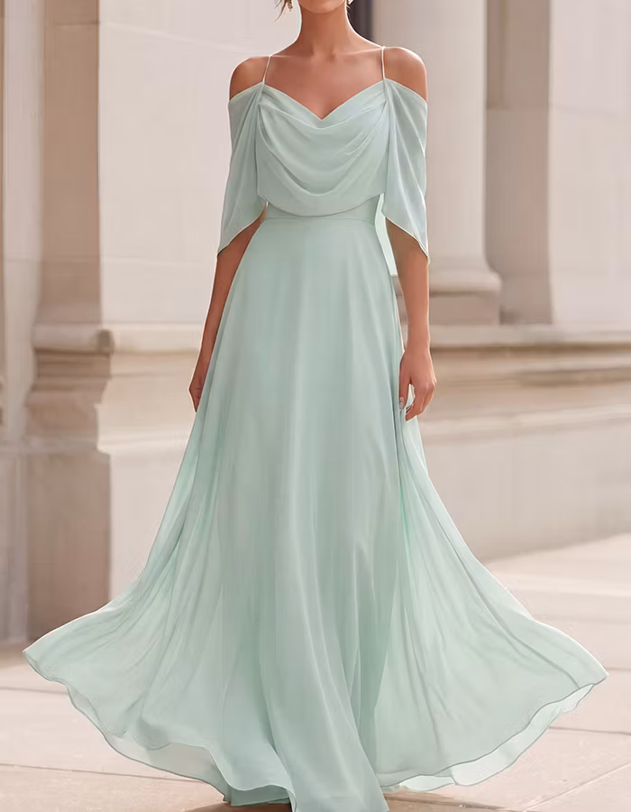 Blush Pink Off-the-Shoulder Cowl Neck Chiffon Maxi Dress