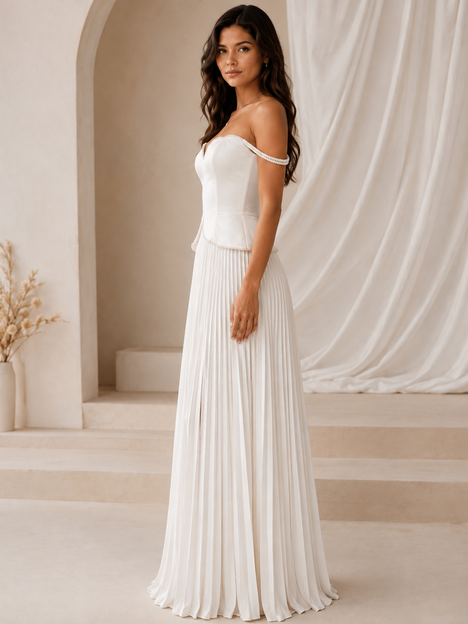 Off-Shoulder Beaded Peplum Pleated Evening Gown