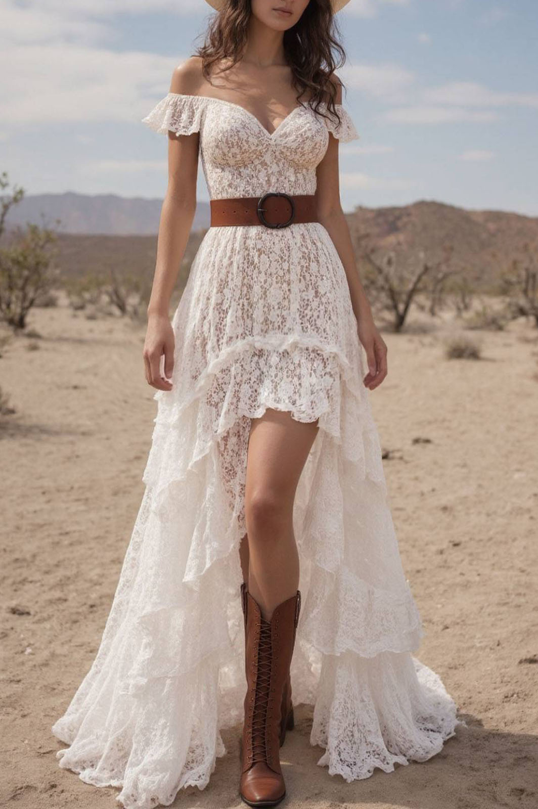 Bohemian Swing Lace Dress White V Neck Belted Maxi Dress