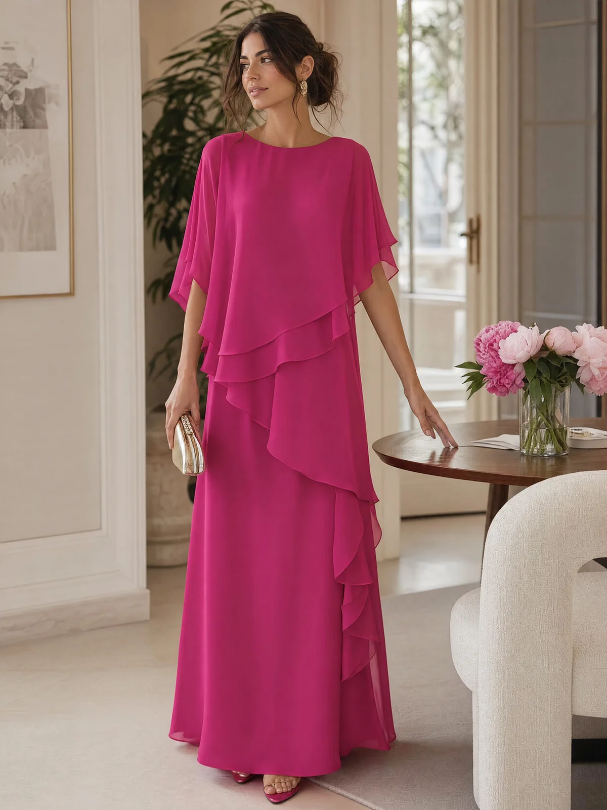 Layered Chiffon Boat Neck Floor-Length Evening Gown
