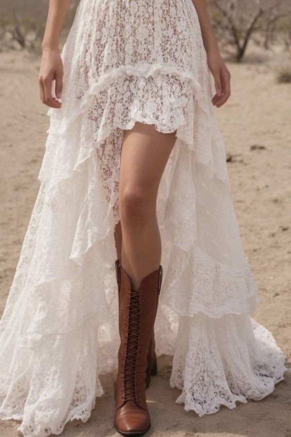 Bohemian Swing Lace Dress White V Neck Belted Maxi Dress