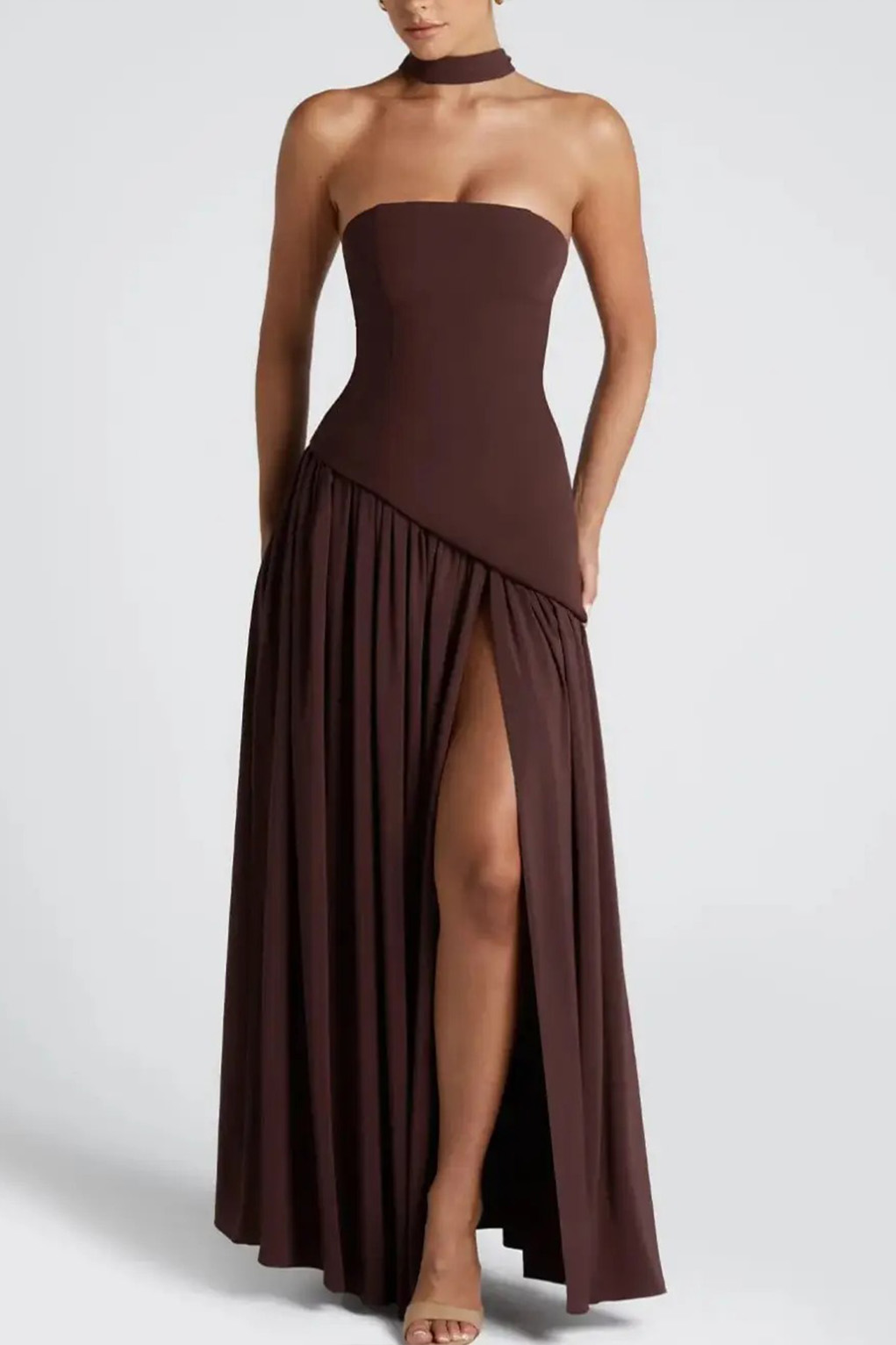 Strapless Slit Ribbon Maxi Dress
