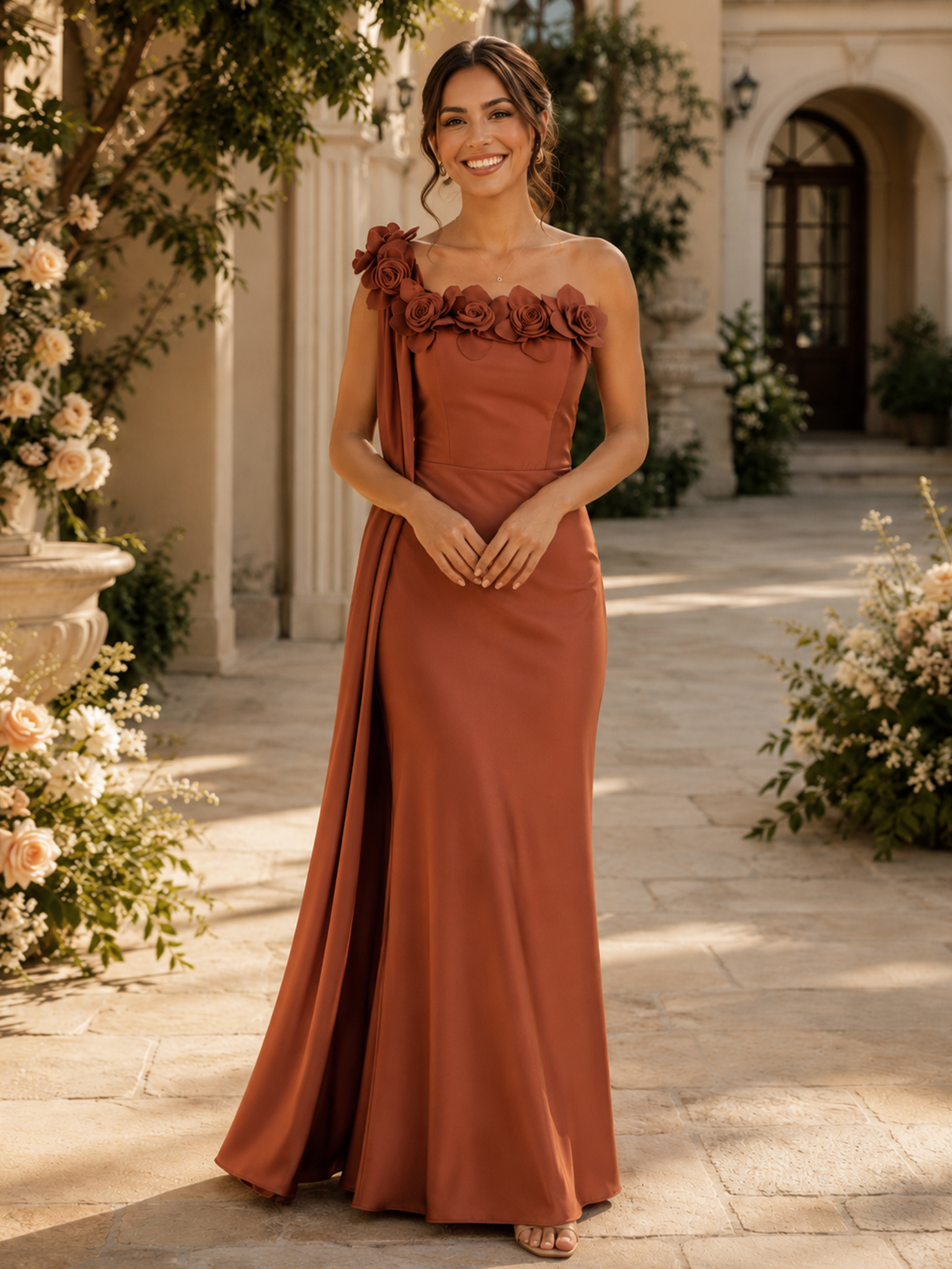 One-Shoulder Floral Applique Satin Evening Gown