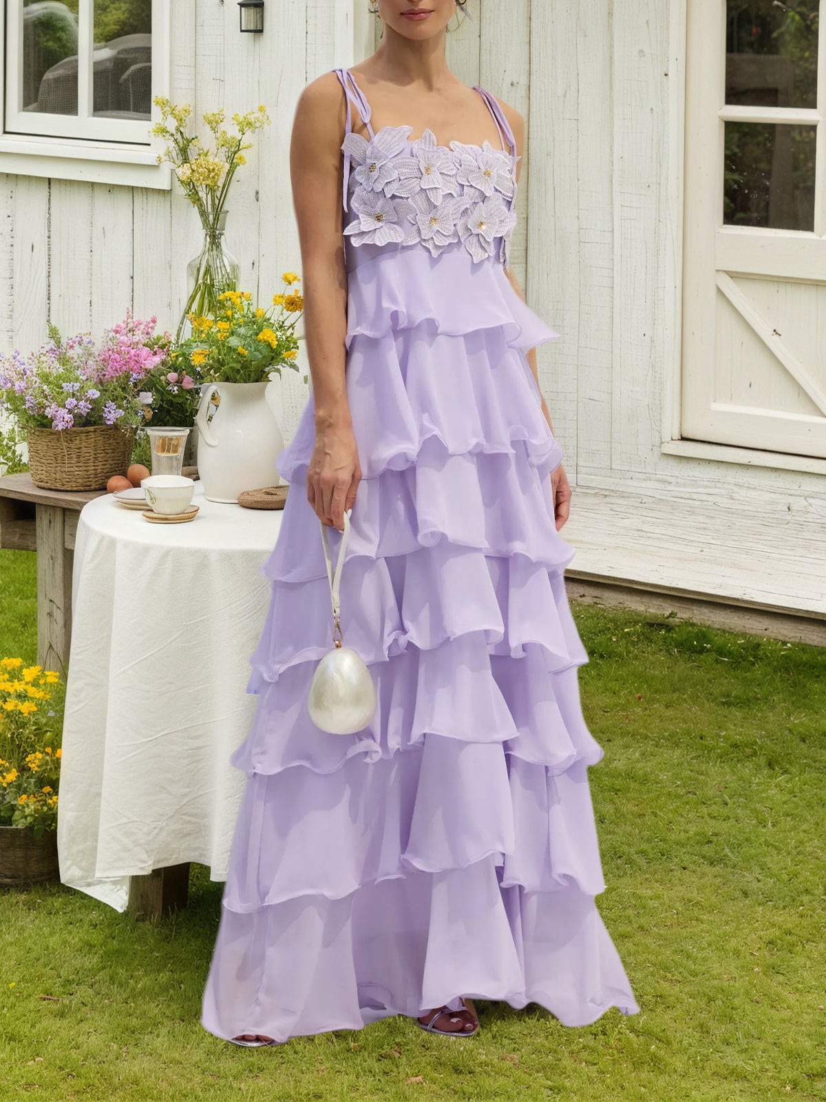 Embroidered Chiffon Ruffle Maxi Dress