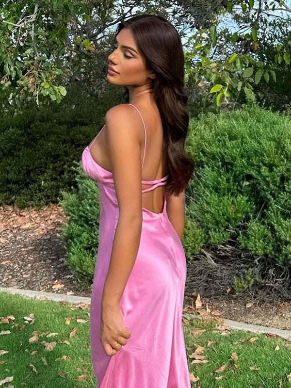 Pink Sheath Spaghetti Straps Pink Long Party Dress with Backless