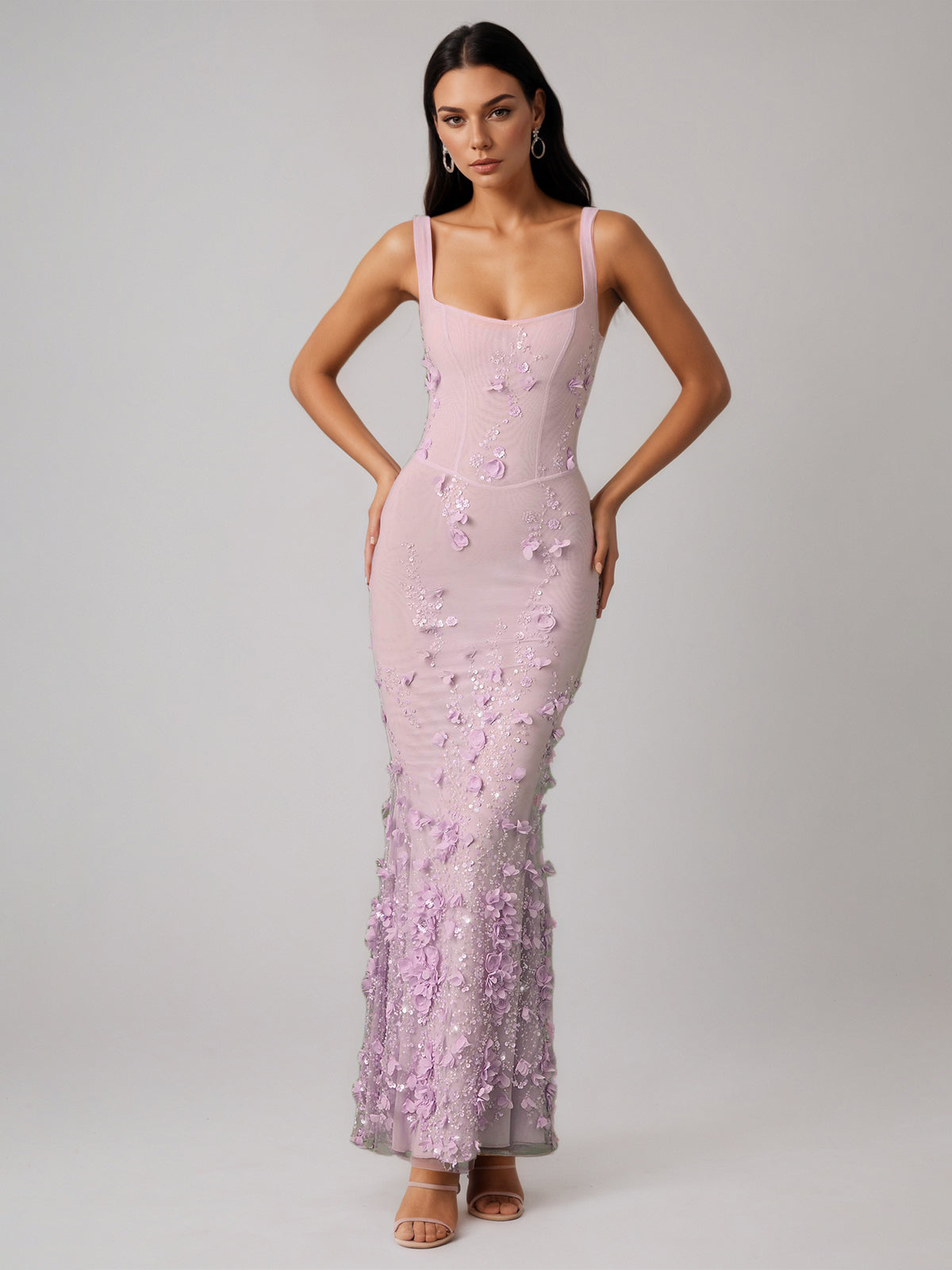 Lilac Square Neck Embellished Fishtail Corset Dress