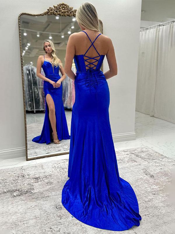 Sparkly Black Mermaid Spaghetti Straps Grey Corset Prom Dress with Slit