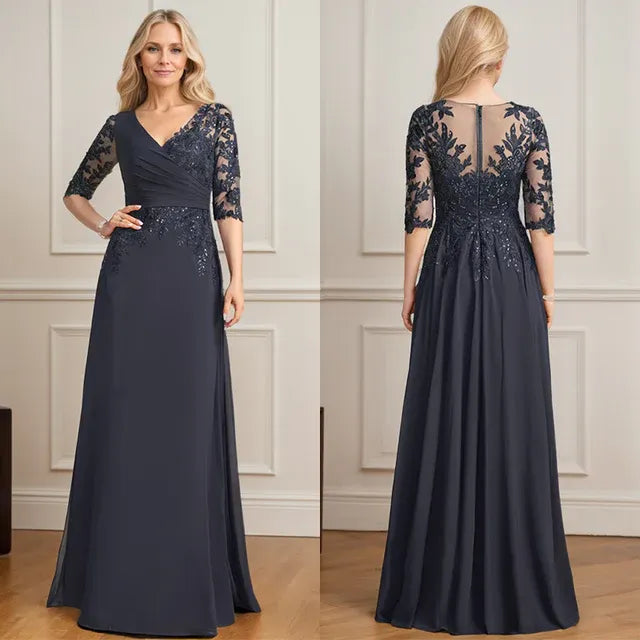 A-line V-Neck Floor-Length Lace Chiffon Mother of the Bride Dress With Pleated Sequins