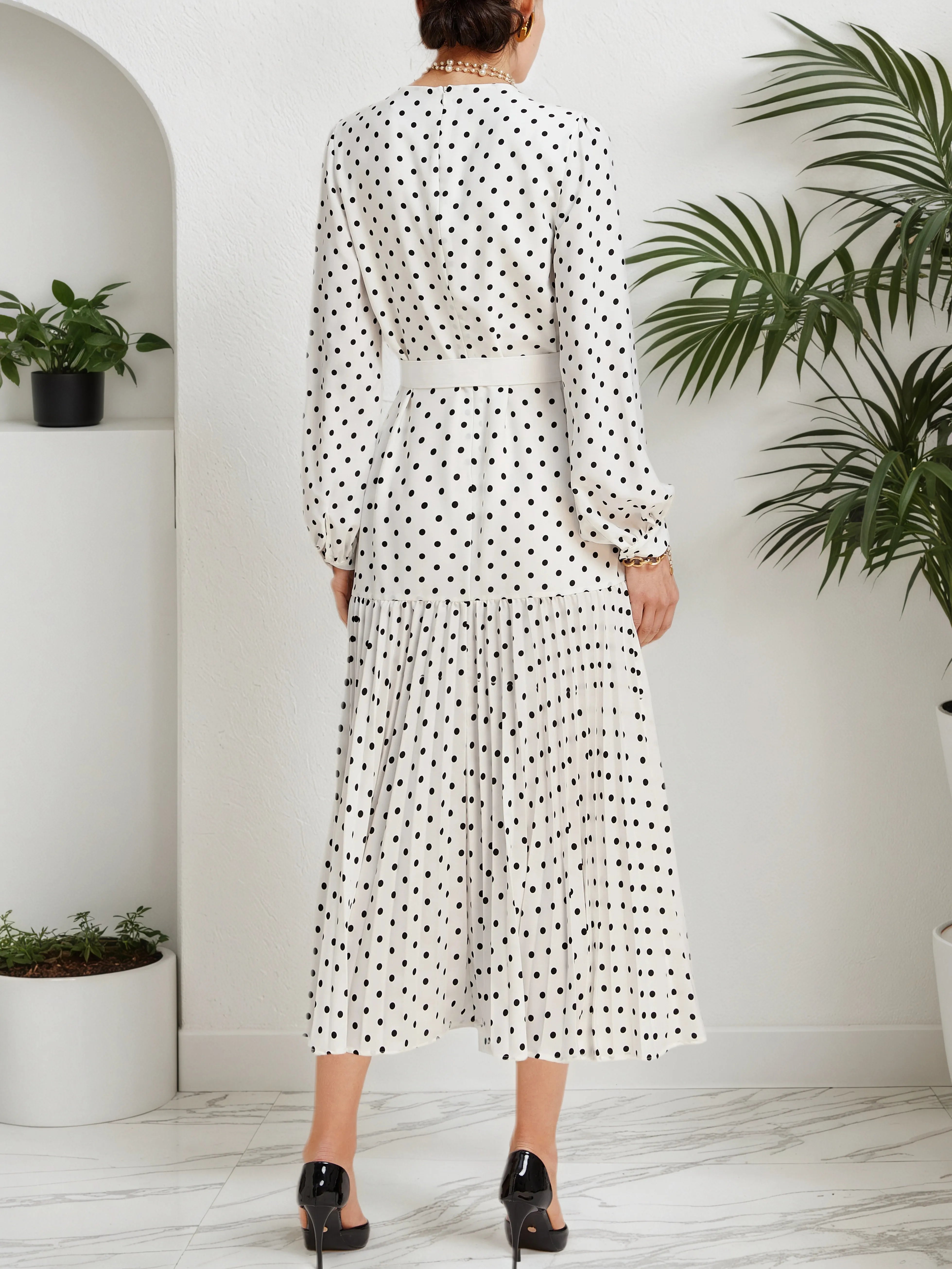 White Pleated Polka Dots Classic Crew Neck Long Balloon Sleeve A-Line Midi Dress
