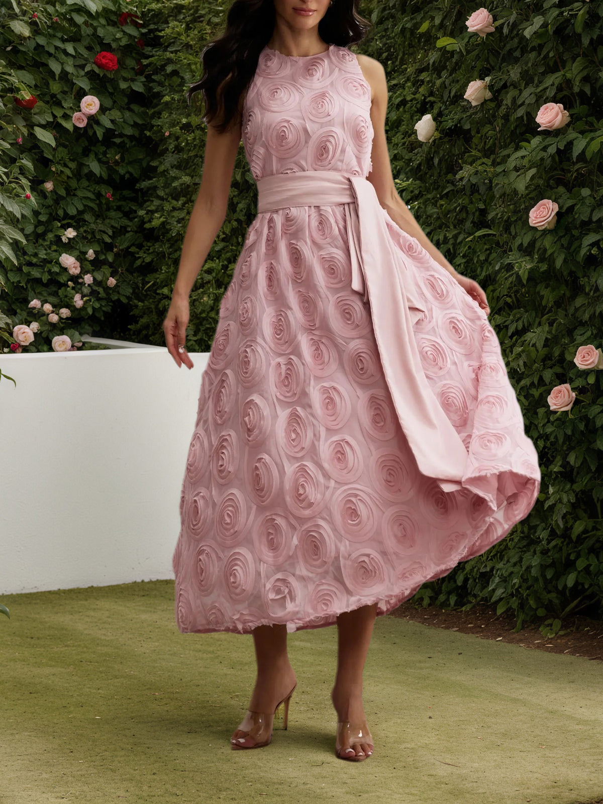 Pink Rosette Applique Sleeveless Maxi Dress