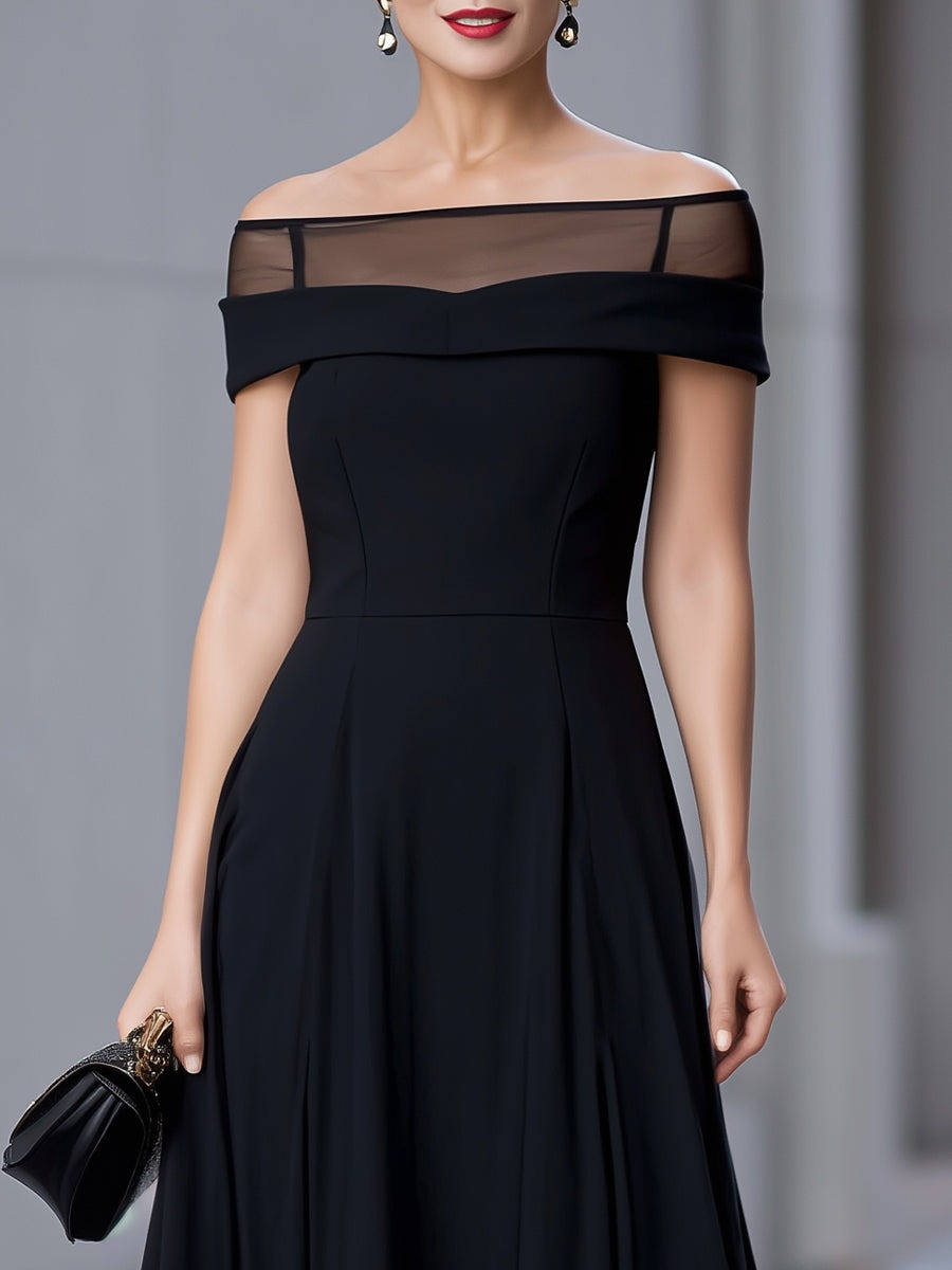 Chic Off-the-Shoulder Black Midi Dress With Sheer Yoke Detail