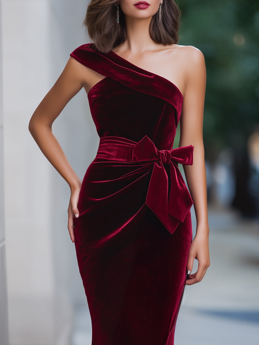 Burgundy One-Shoulder Velvet Evening Dress With Waist Bow