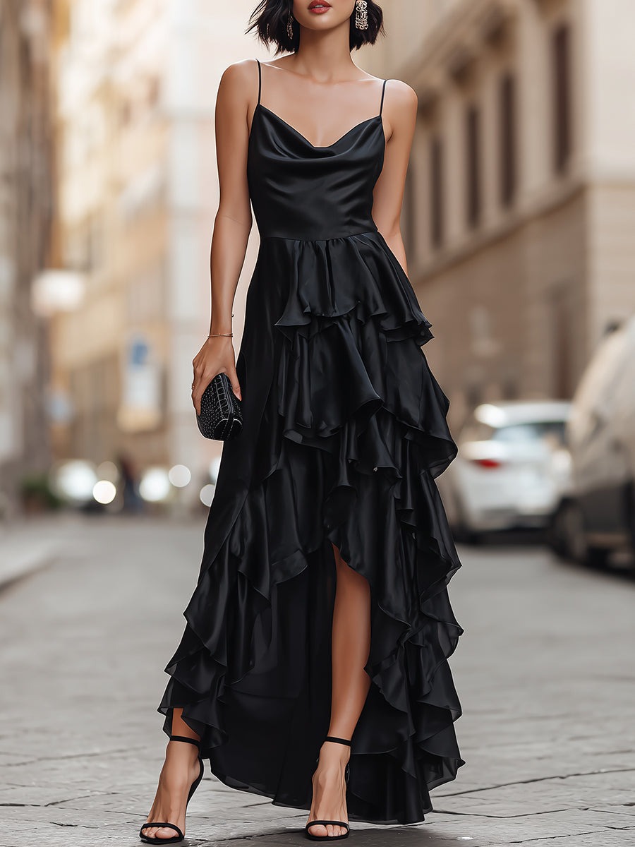 Black Spaghetti Strap Draped Ruffle Maxi Dress