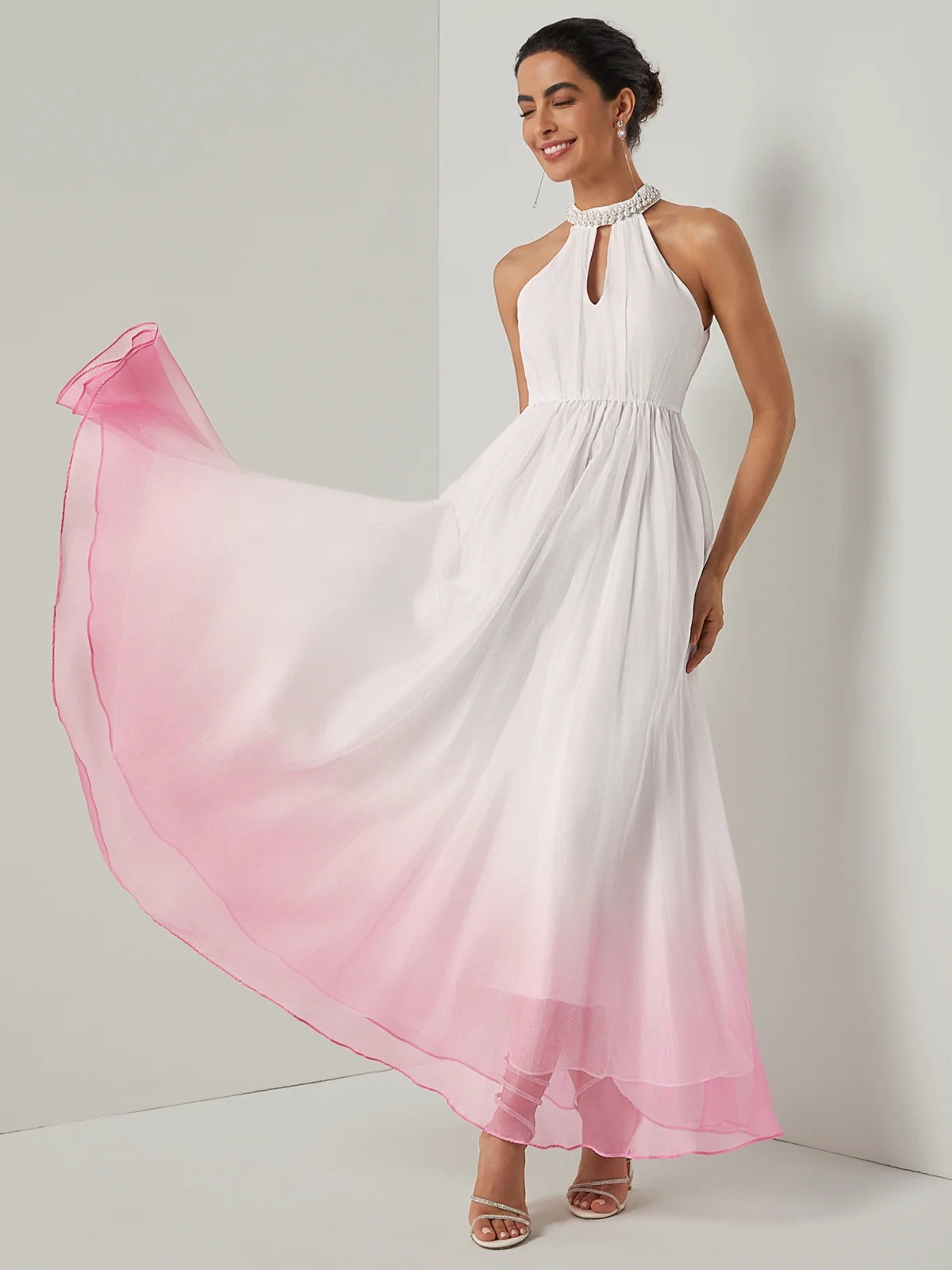 Pink Chiffon Halter Ombre Imitation Pearl Cut Out Sleeveless A-Line Mock Neck Maxi Dress