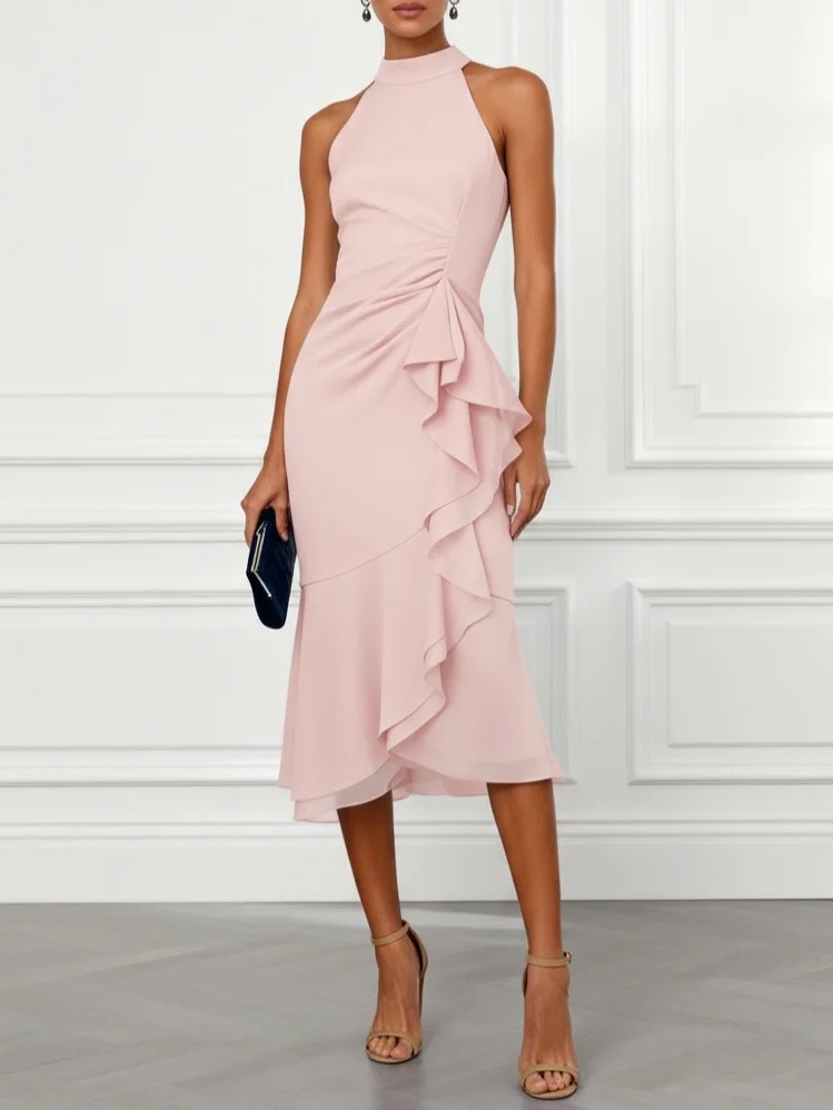 Pink Ruffled Chiffon Halter Sleeveless A-Line Midi Dress