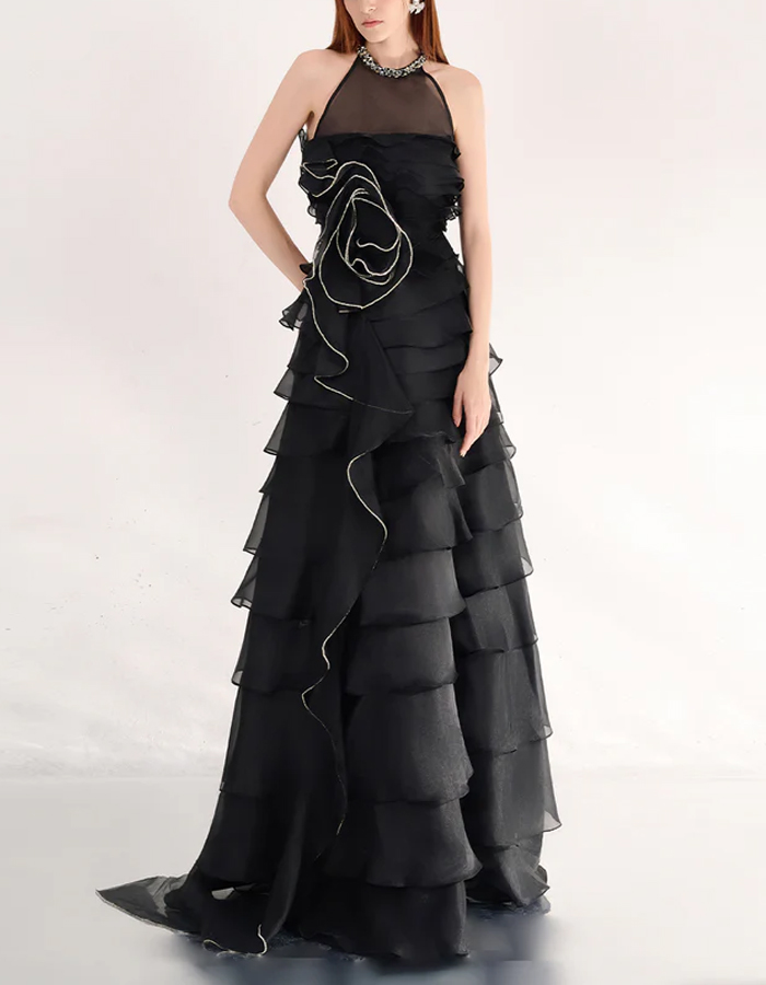 Black Silk A-line Ruffled Layered Organza Maxi Dress