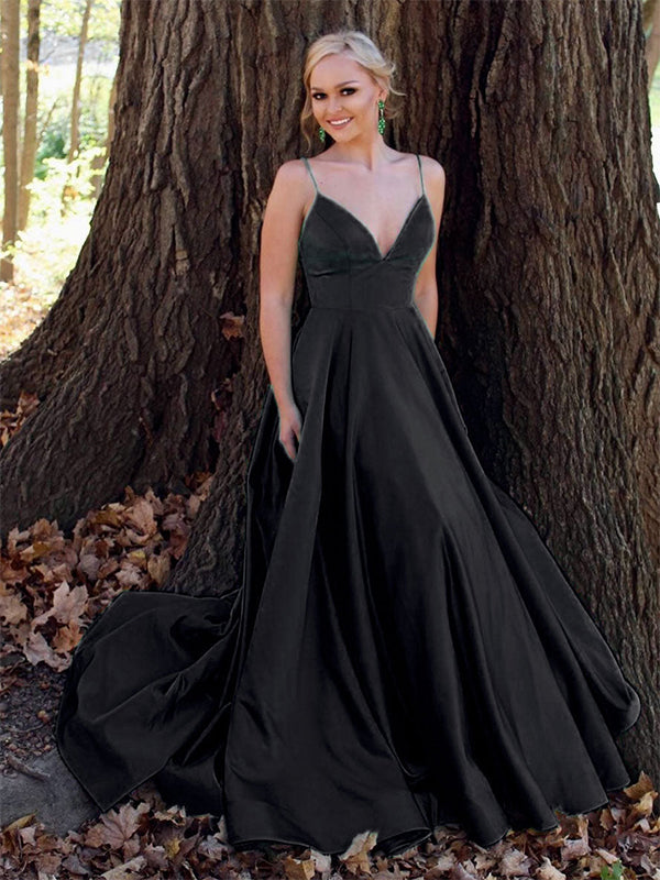 Green A Line V-Neck Spaghetti Straps Satin Long Prom Dress