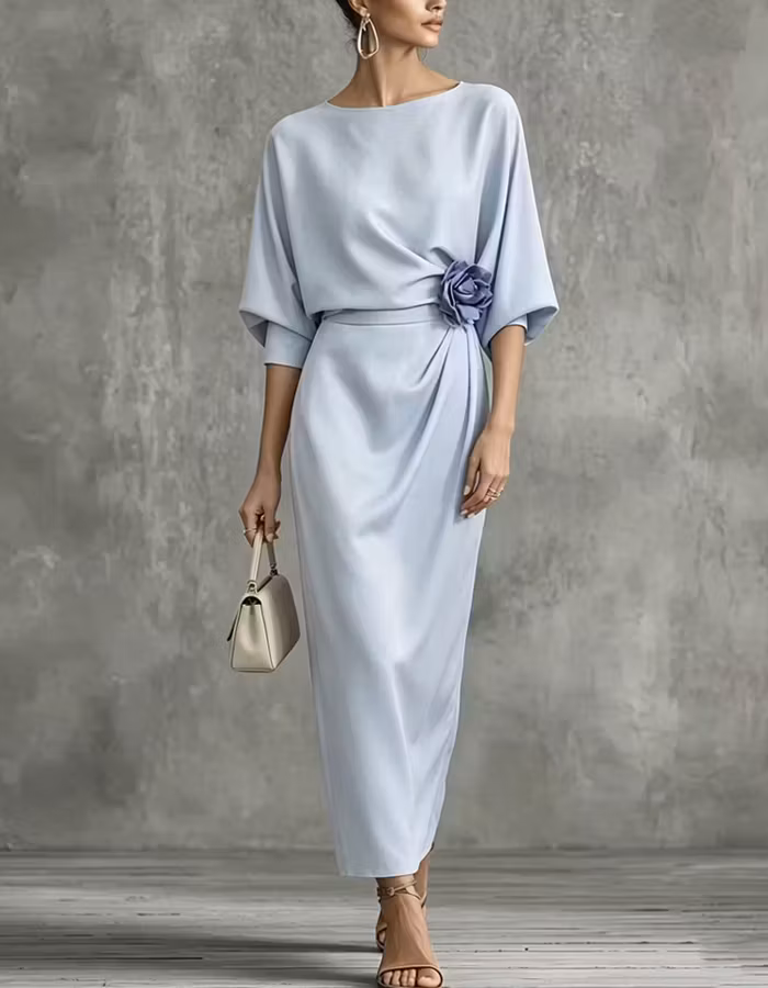 Light Blue Boat-neck Midi Dress