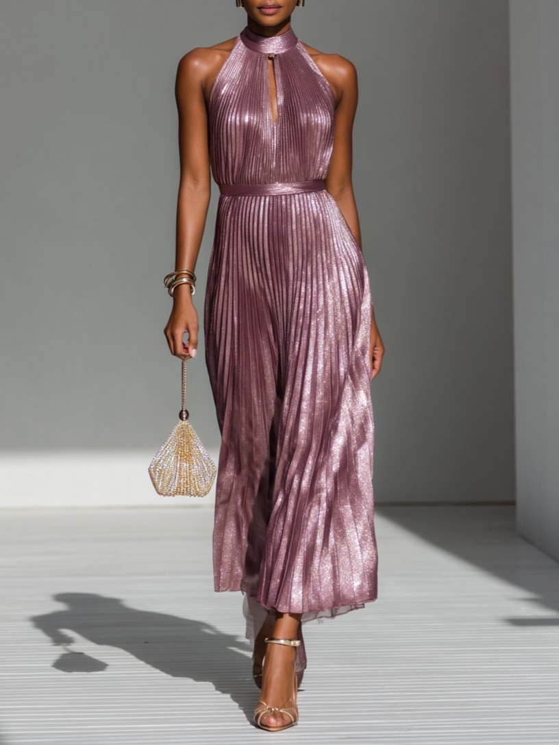 Rose Gold Pleated Cut Out Classic Halter Sleeveless A-Line Maxi Dress