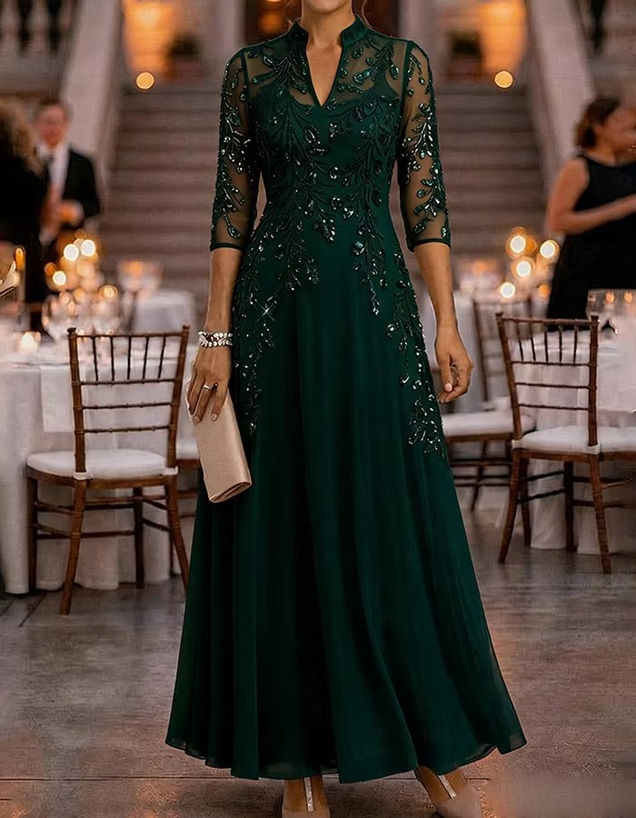 Stand Collar Half Sleeve Beaded Chiffon Evening Gown