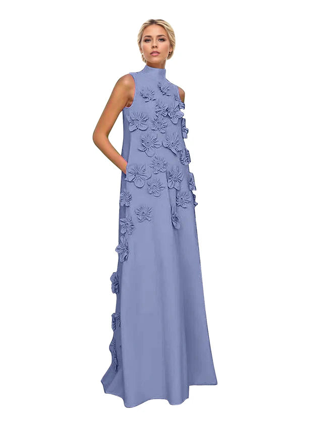 A Line High Neck Sleeveless Floor Length Stretch Crepe Dress With 3D Flowers