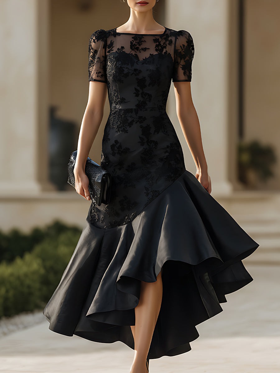 Black Sheer Neckline High-Low Midi Dress With Sculpted Silhouette