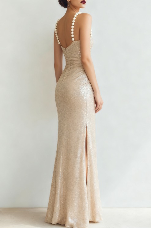 Evening Formal Dress Champagne Spaghetti Strap Sequin Maxi Dress with Slit