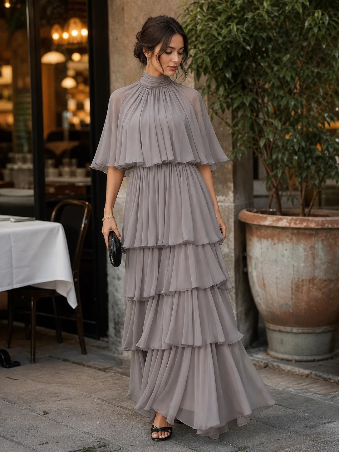 Mock Neck Layered Capelet Ruffled Tiered Chiffon Maxi Dress