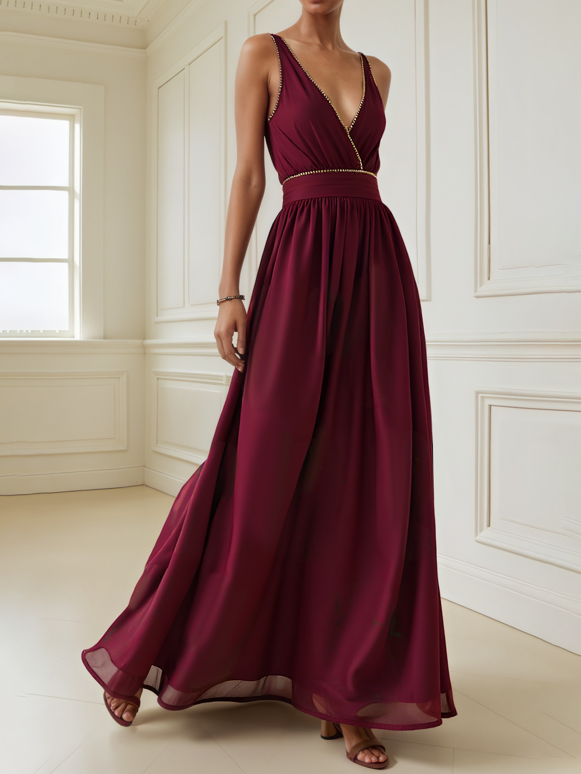 Wine Red Rhinestone Classic V Neck Sleeveless A-Line Maxi Dress