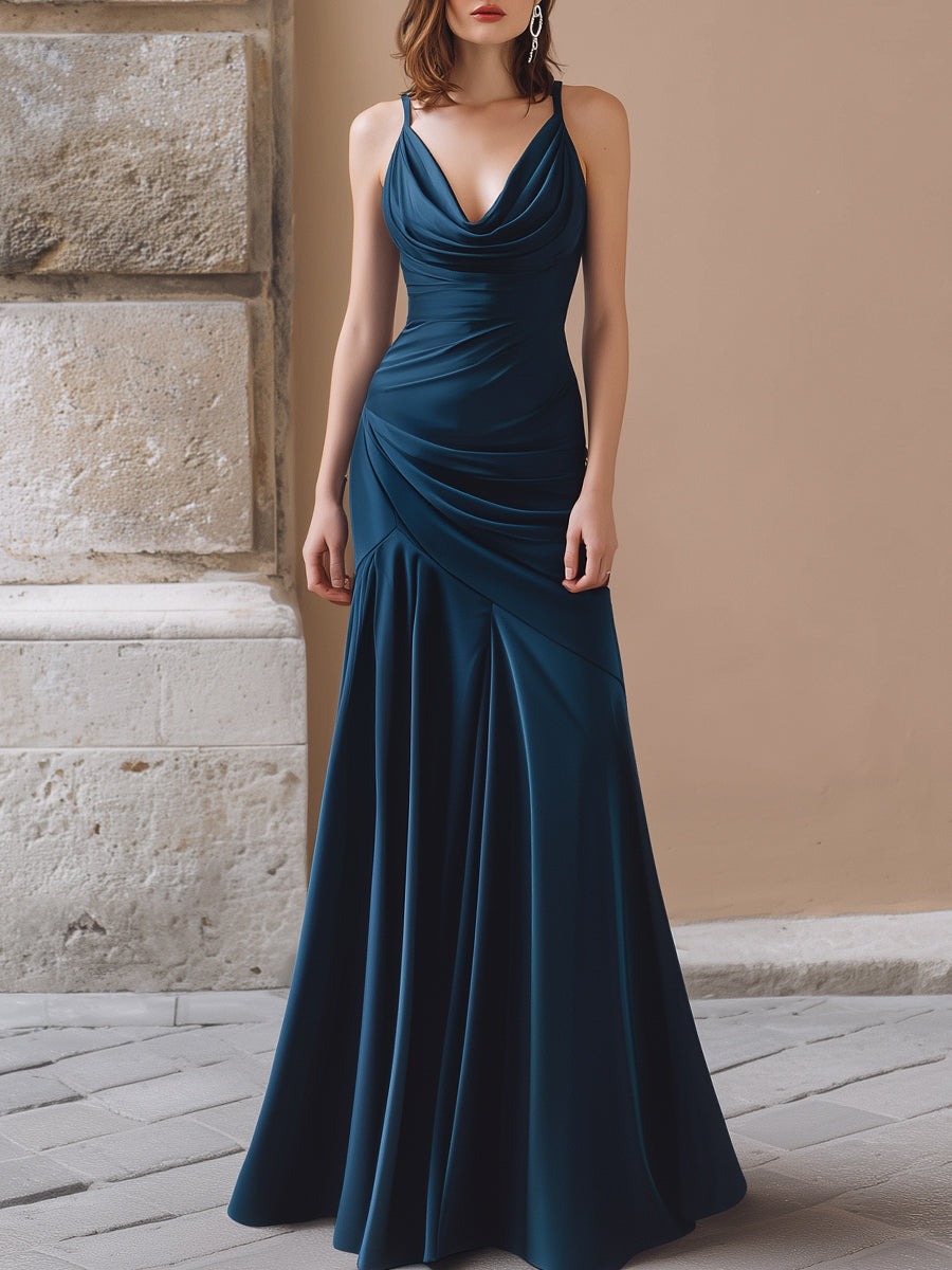 Navy Blue Draped Cowl Neck Ruched Maxi Dress
